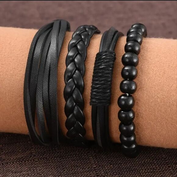 Men's leather bracelets set 4pc layered beaded beads black New b16 - Picture 1 of 2